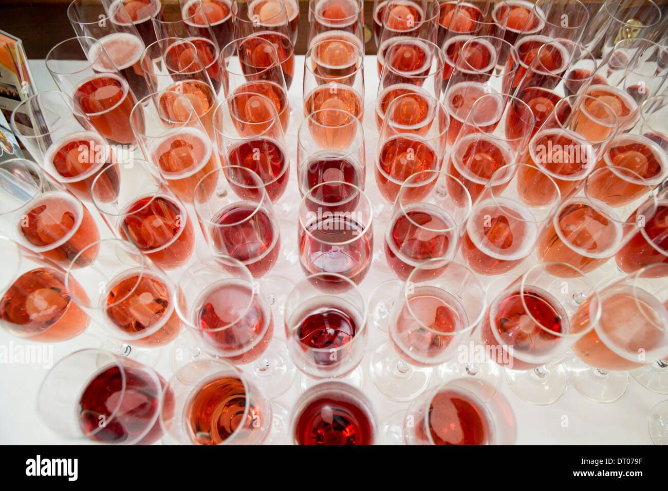 Wine glasses set up on a dinner cruise, Reykjavik, Iceland. Stock Photo