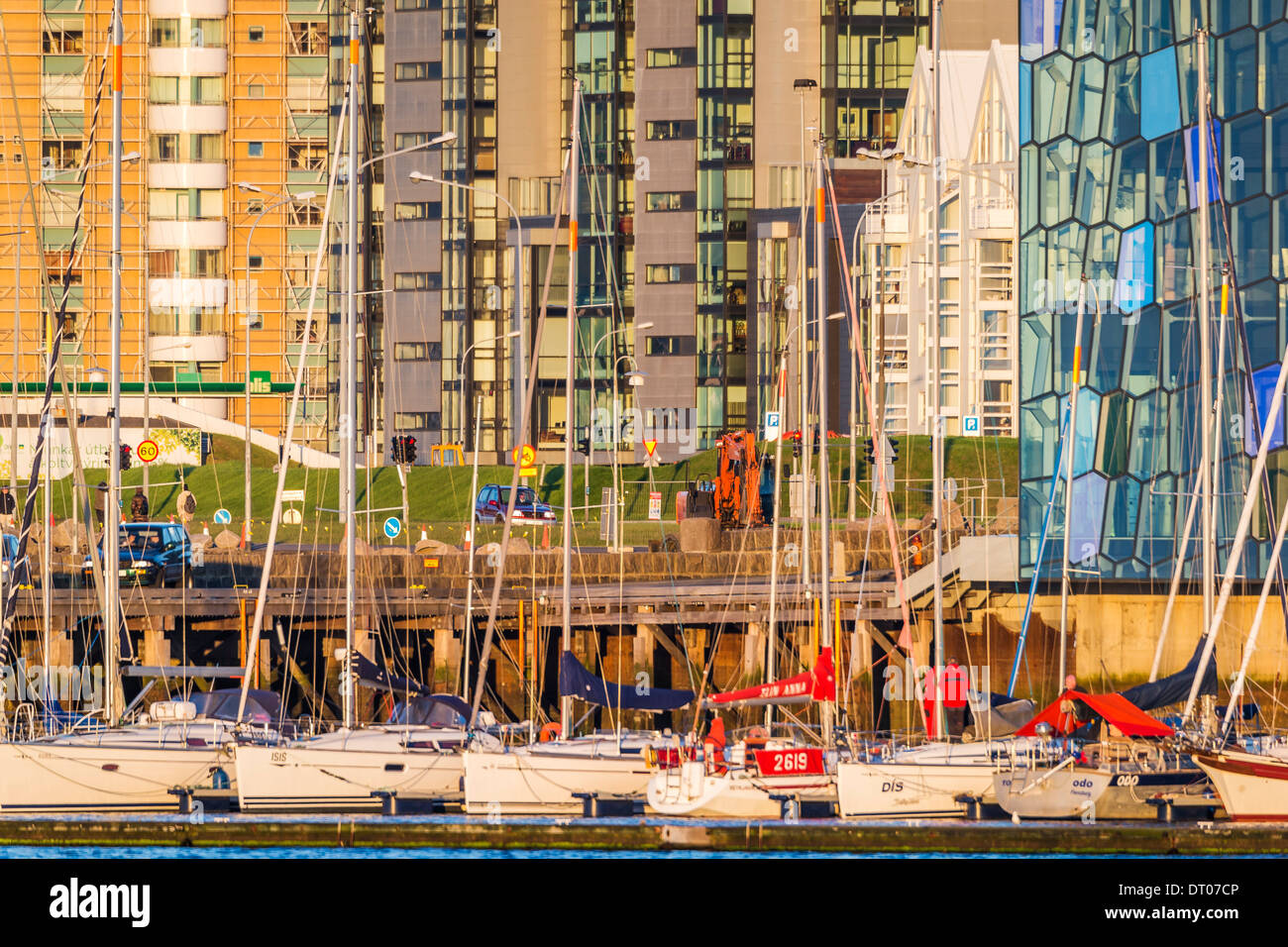 Sailboats and apartment buildings, Reykjavik Iceland. Stock Photo