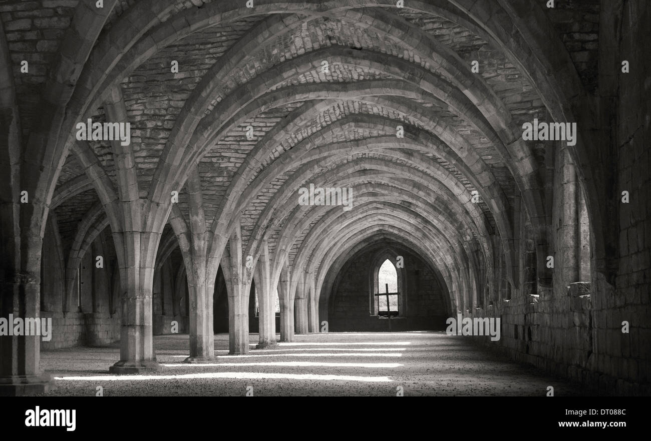 Monochrome picture of Arches in the The Monks' Refectory in old cistercian abbey Stock Photo