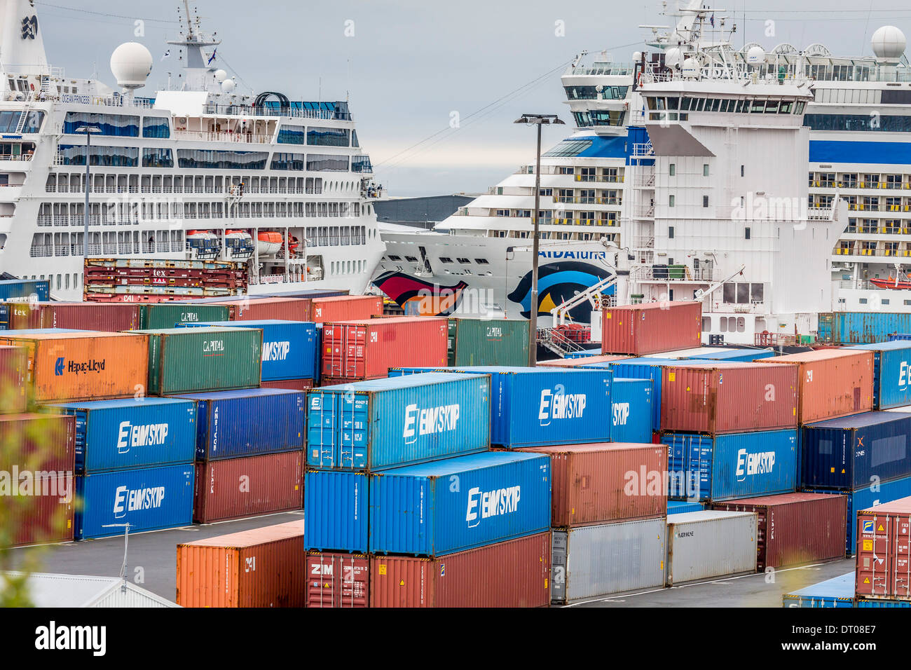 Shipping Containers With Cruise Ship Docked In Reykjavik Harbor Iceland Stock Photo Alamy