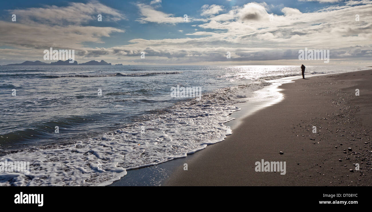 Waves breaking on the shore at Bakkafjara Beach, South Coast, Iceland. Stock Photo
