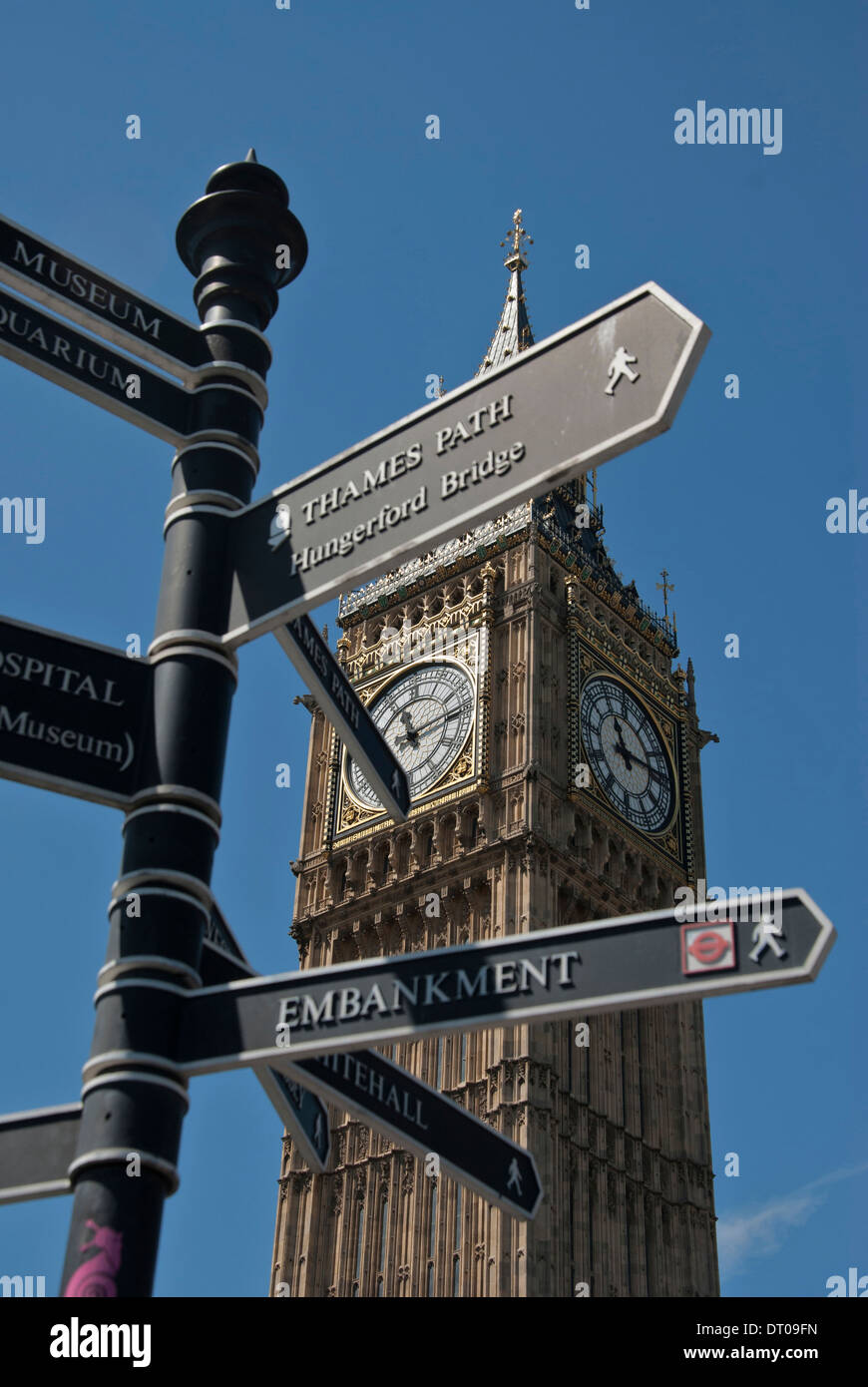 The tower of Big Ben at Westminster with the clock saying 11.15 and a tourist signpost giving directions to the embankment. Stock Photo