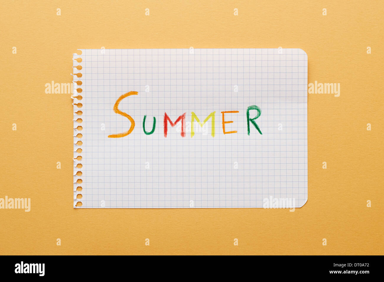 Summer word written on notebook page in yellow background Stock Photo ...