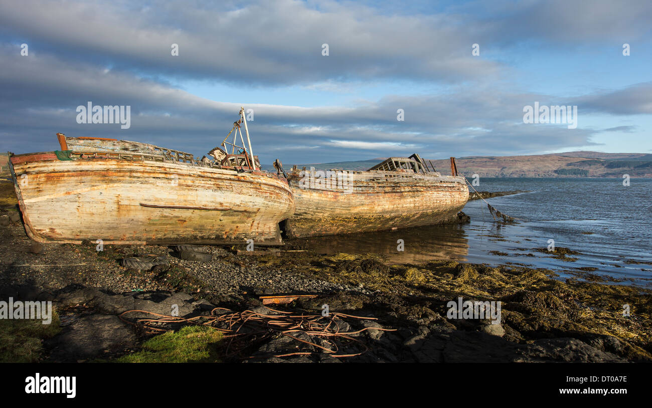 Fishing boat wrecks at Salen on the Isle of Mull. Stock Photo