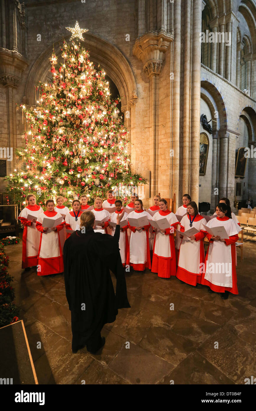 ELY CATHEDRAL GIRLS CHOIR REHEARSING  FOR THE CHRISTMAS CAROL SERVICE. Stock Photo