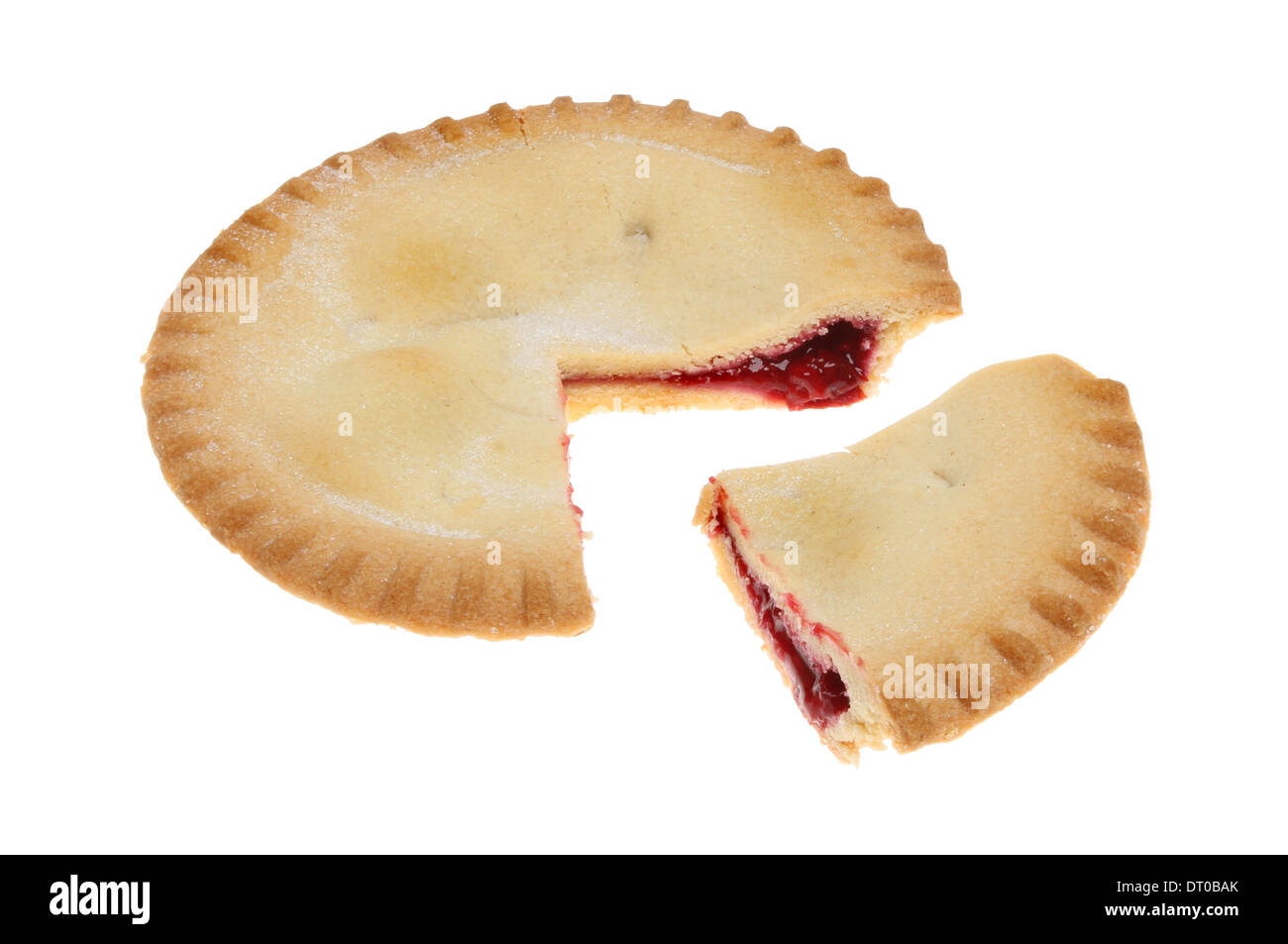 Cherry pie with a slice cut out isolated against white Stock Photo