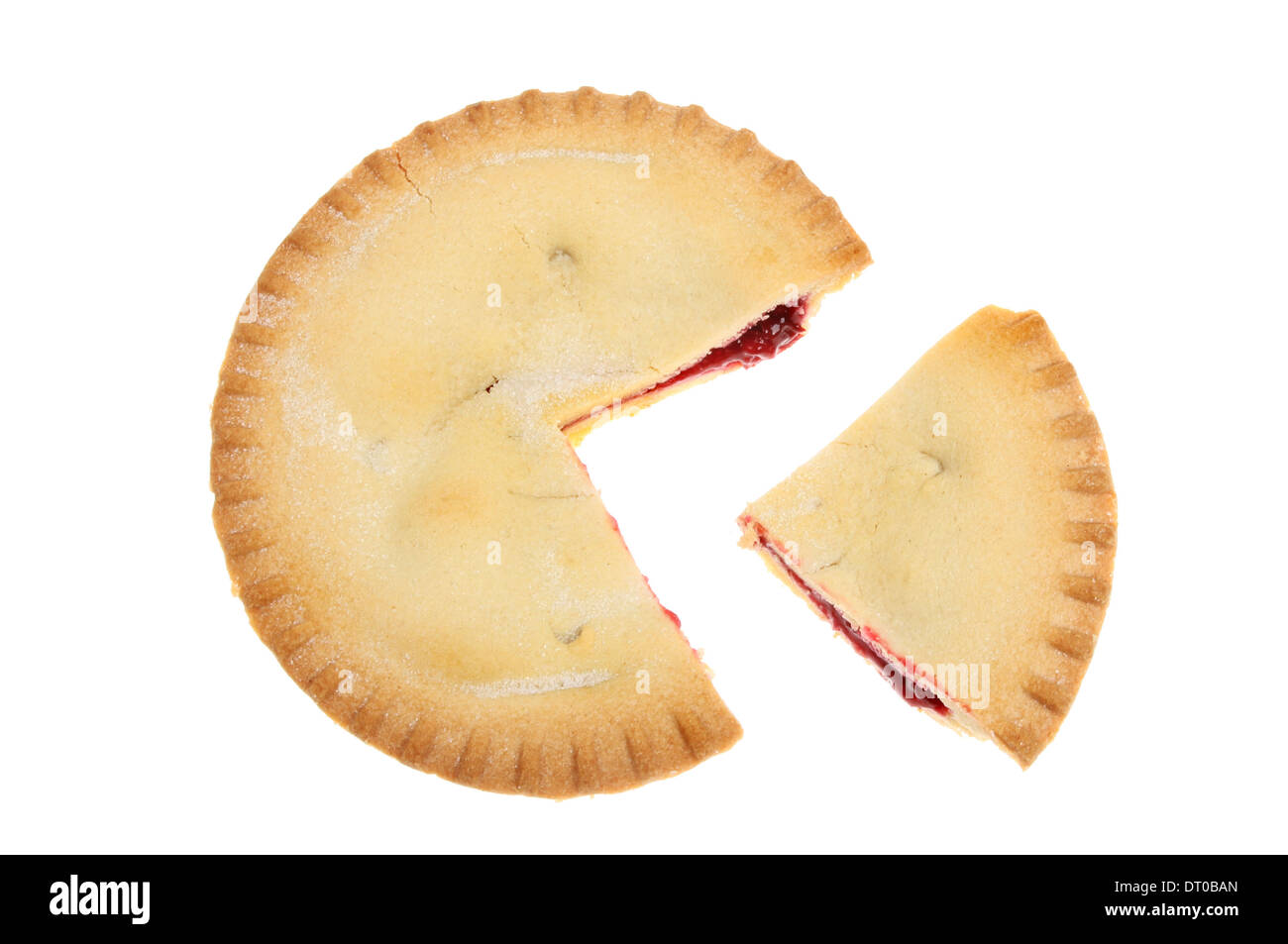 Cherry pie with a slice cut out isolated against white Stock Photo
