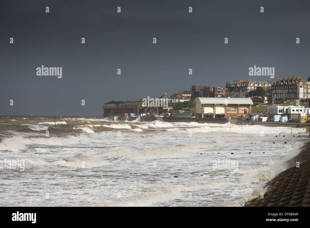 HIGH TIDE AND STORMY WEATHER AT THE SEASIDE TOWN OF HUNSTANTON NORFOLK