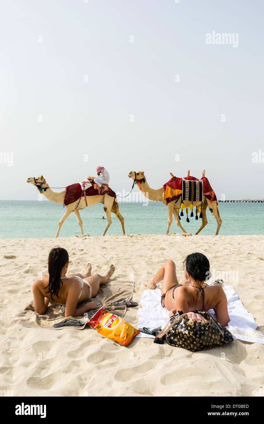 Tourist camel ride on beach at Marina district of New Dubai in United Arab Emirates Stock Photo