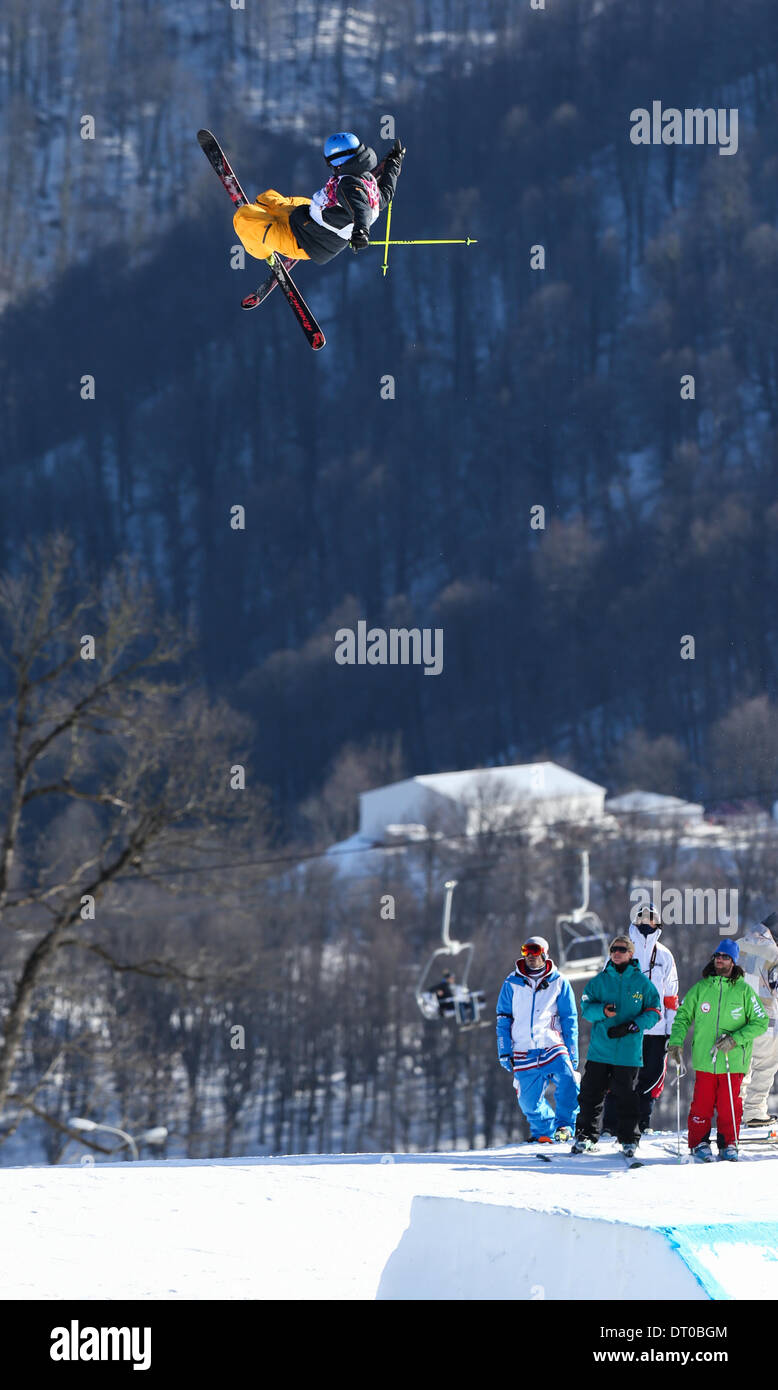 Sochi, Russia. 05th Feb, 2014. Rosa Khutor Extreme Park at the 2014 Sochi Olympic Winter Games in Russia. Unidentified freeskier training on the slopestyle course. Dubbed the 'Danger Course' for its large jumps, many athletes will go bigger here than ever before. Credit:  Action Plus Sports Images/Alamy Live News Stock Photo