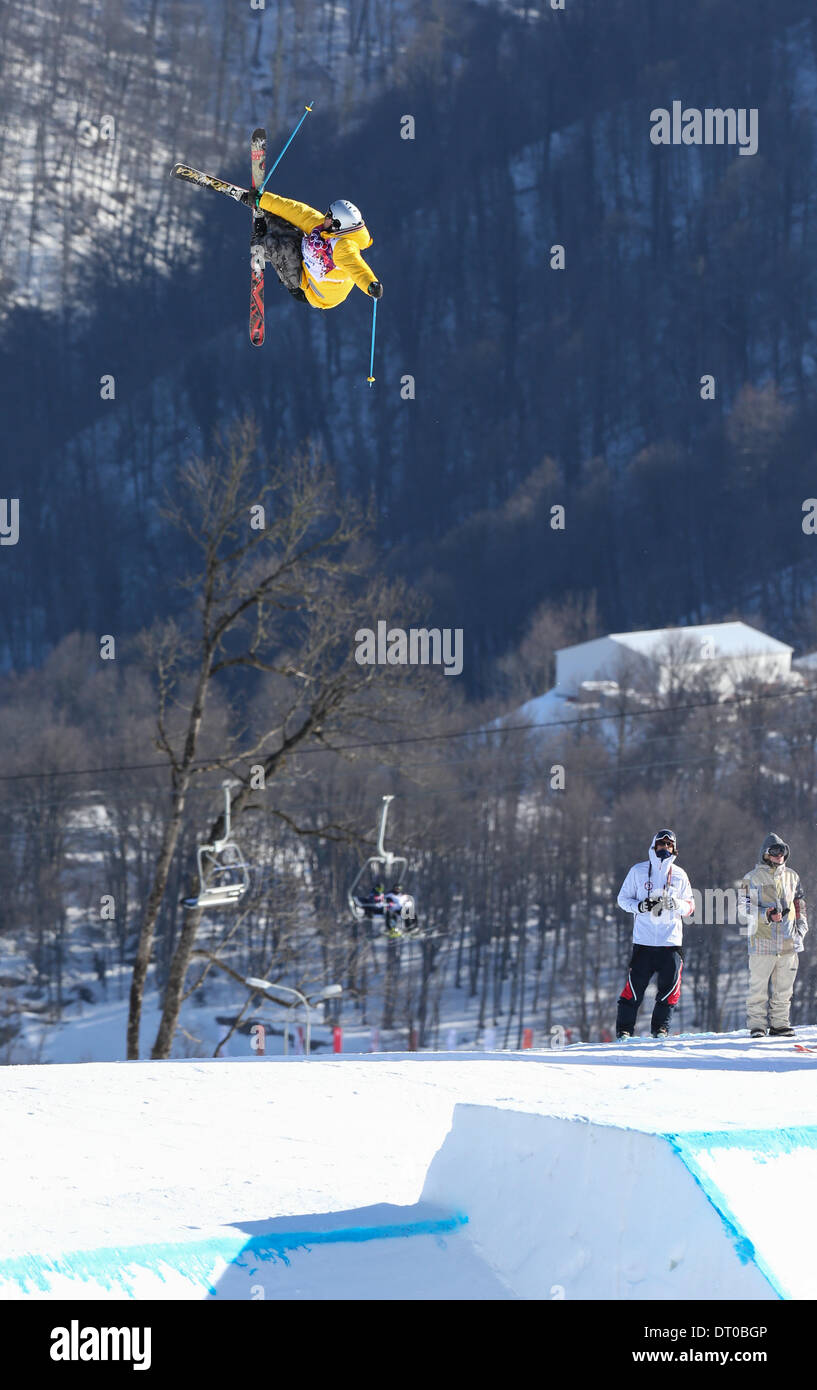 Sochi, Russia. 05th Feb, 2014. Rosa Khutor Extreme Park at the 2014 Sochi Olympic Winter Games in Russia. Unidentified freeskier training on the slopestyle course. Credit:  Action Plus Sports Images/Alamy Live News Stock Photo