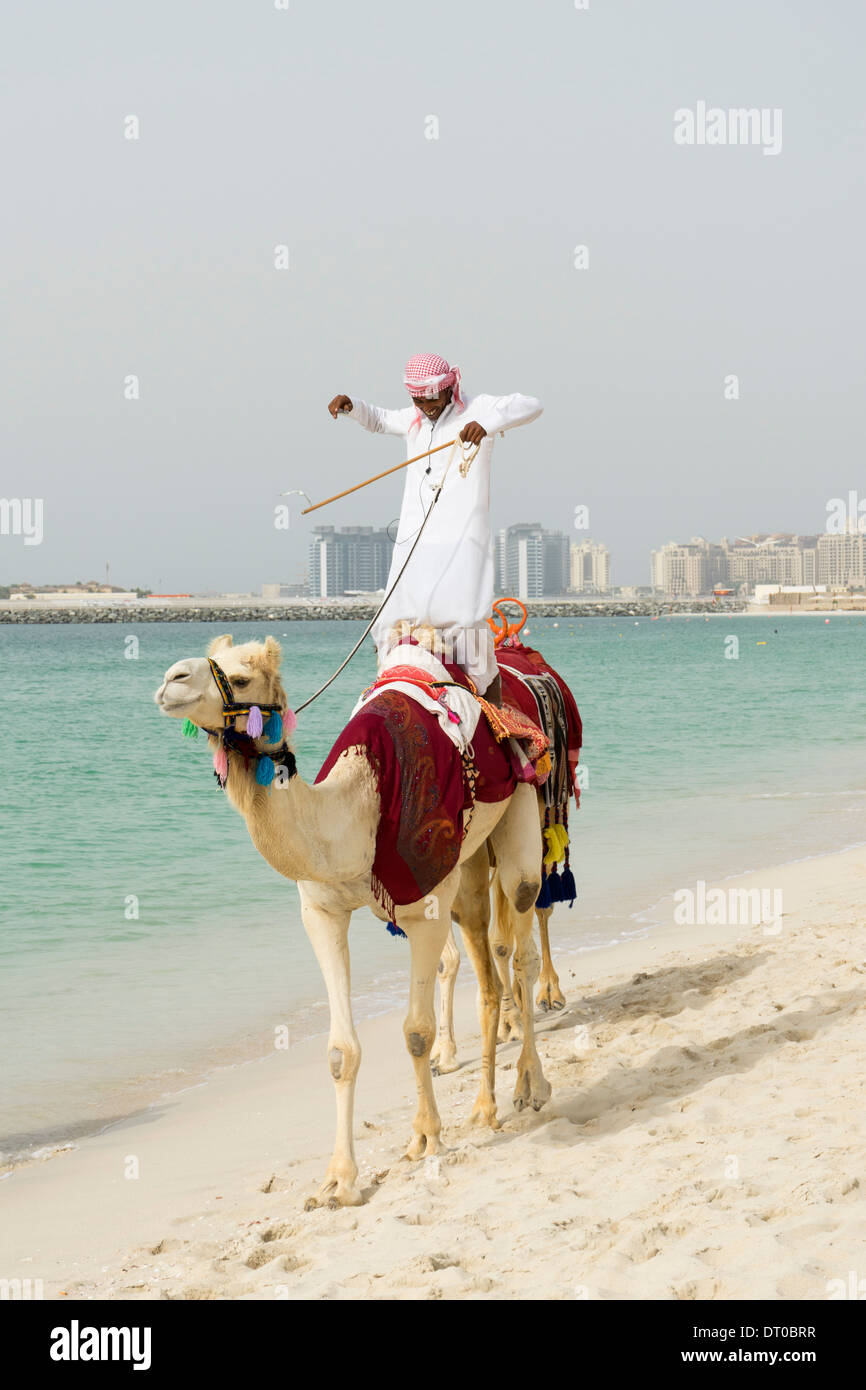 Tourists taking a camel ride on beach at Marina district of New Dubai in United Arab Emirates Stock Photo