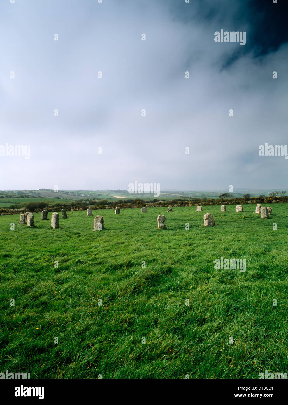View from SE of Merry Maidens stone circle, Boleigh, Cornwall: 19 evenly spaced stones except for a wider entrance gap at the east (R). Stock Photo