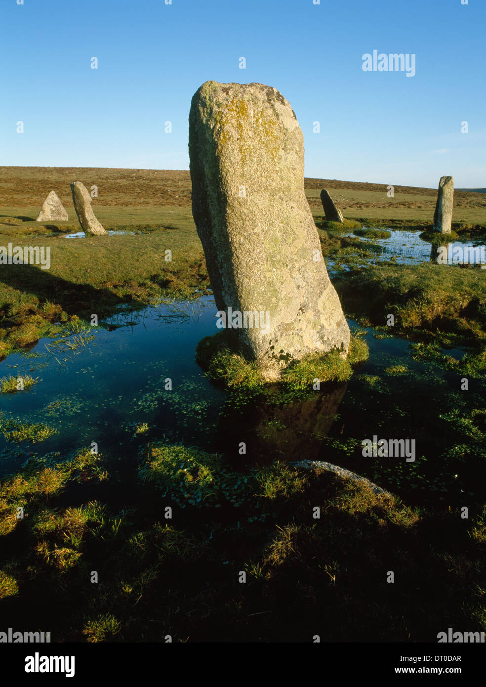 Altarnun stone circle, Bodmin Moor, Cornwall, from NNW showing 4 stones of the circle (tallest in foreground c 4ft) plus the central pillar. Stock Photo