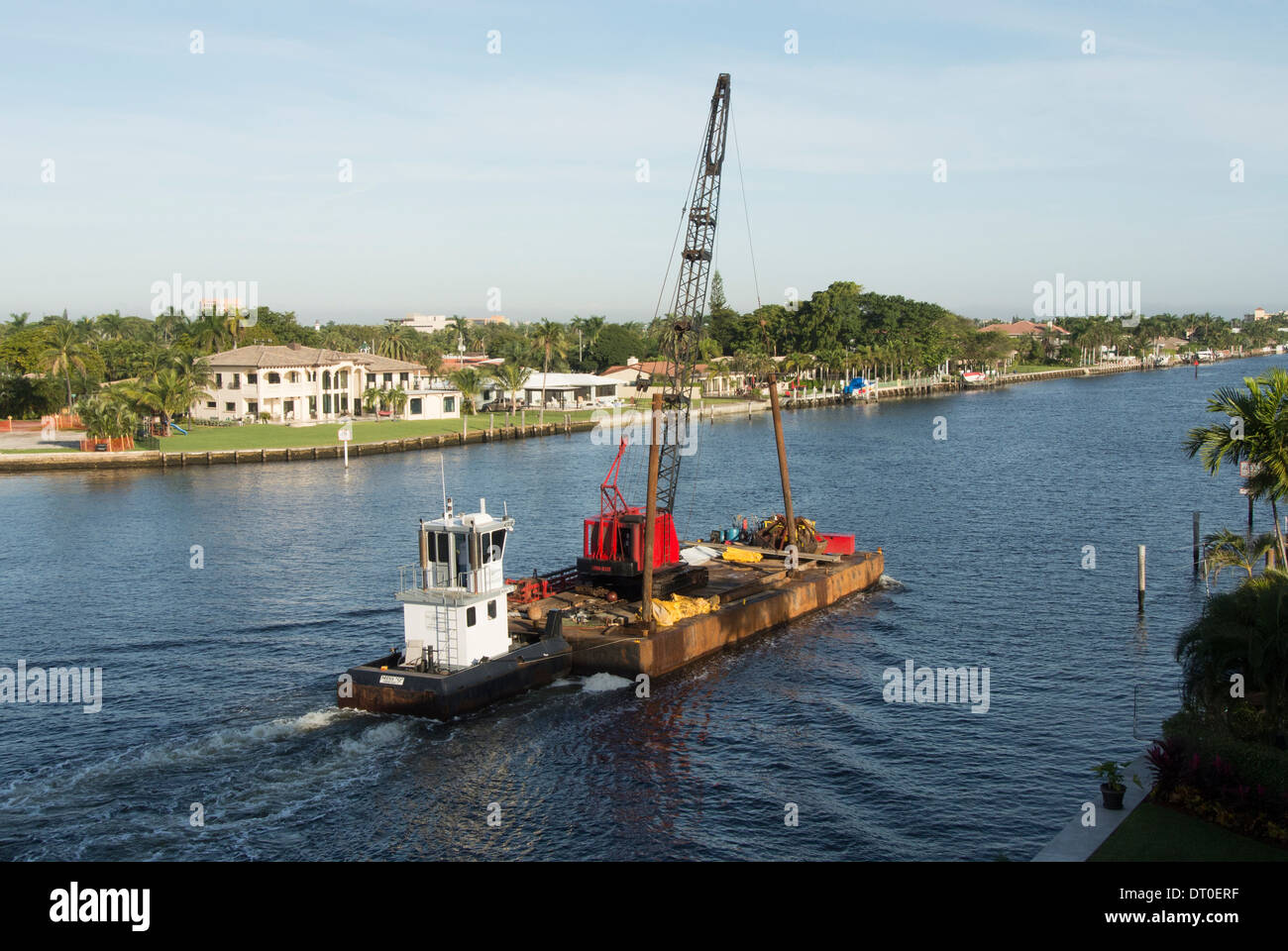 Pile driver barge on Intracoastal waterway. Stock Photo