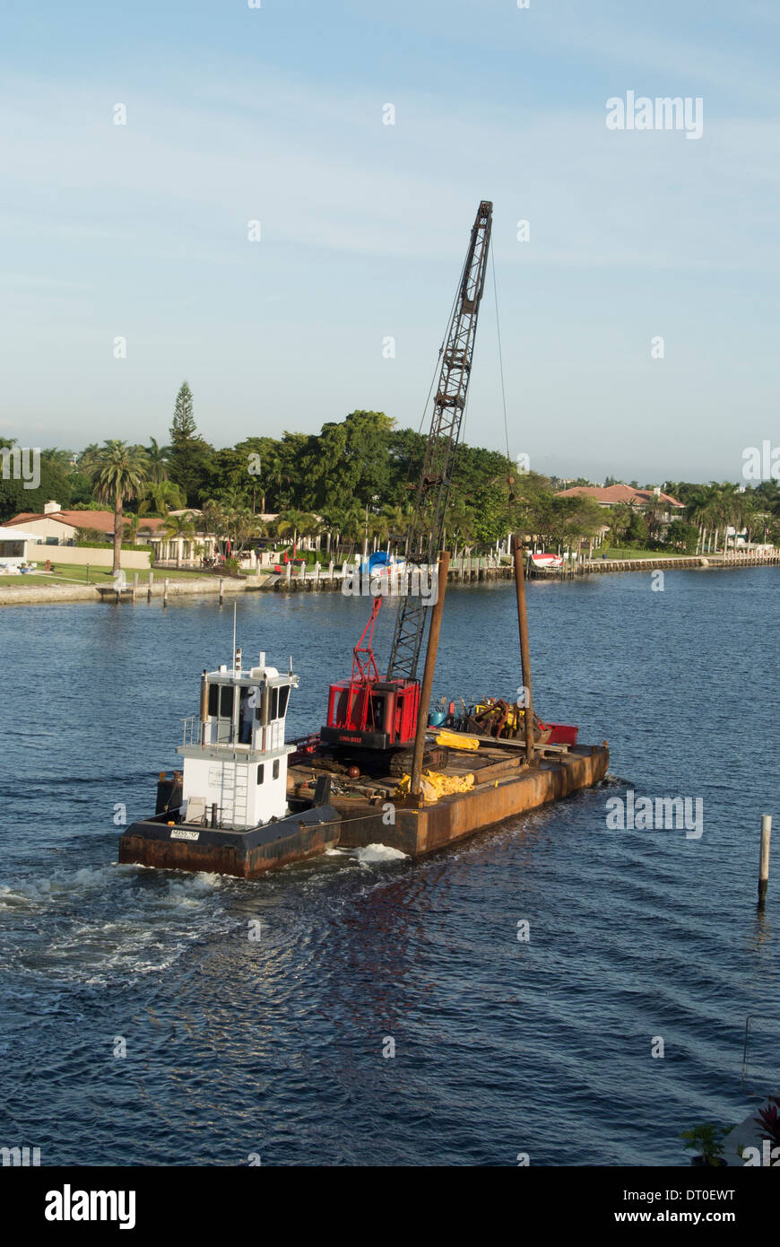 Pile driver barge on Intracoastal waterway. Stock Photo