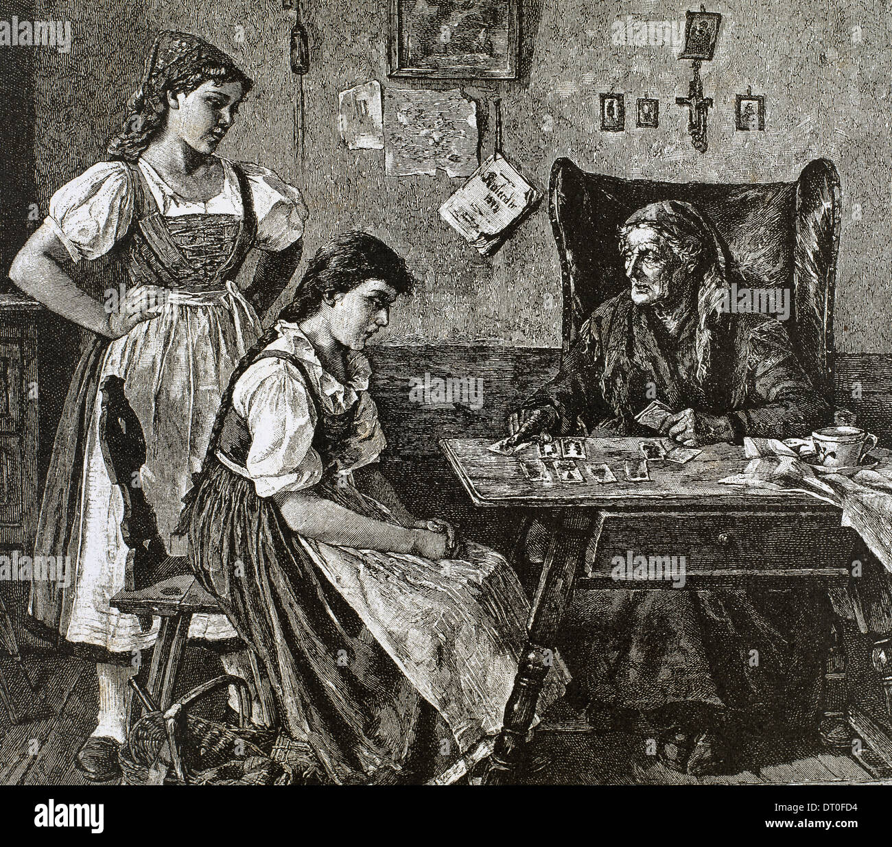 At fortune teller's house. Engraving by Walla. L'Illustration, 1885. Stock Photo