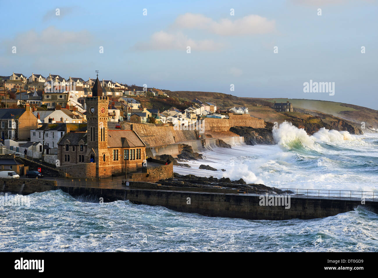 Winter storms generating high waves at Porthleven Stock Photo