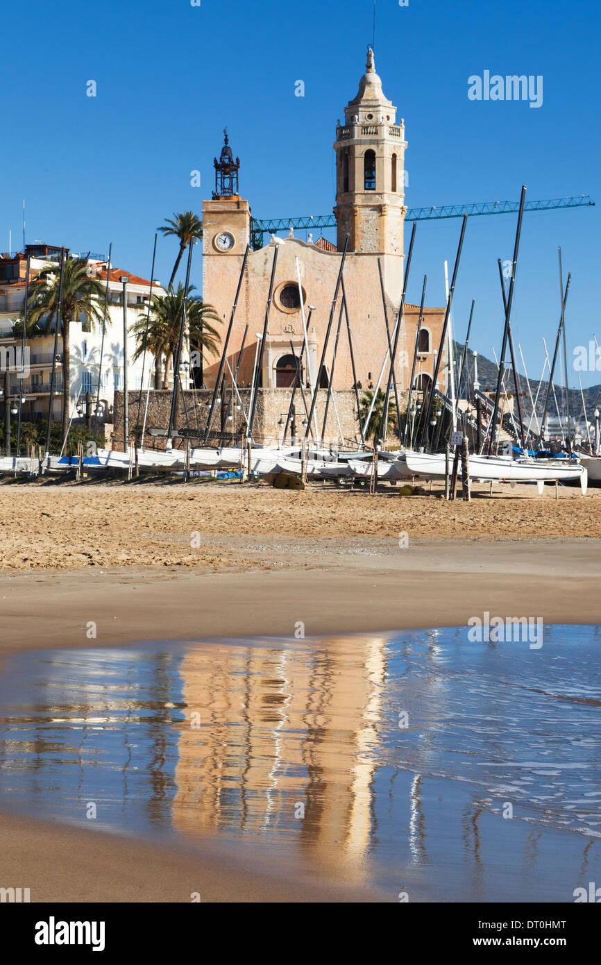 Seaside church of Sant Bartomeu i Santa Tecla in Sitges, Catalonia. Stock Photo