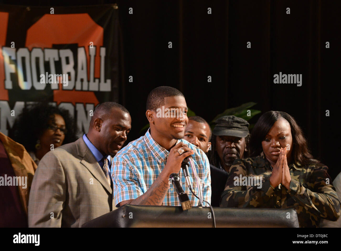February 5, 2014: Treon Harris from Booker T. Washington High School in Miami, Florida signs his National Letter of Intent with the University of Florida. Stock Photo
