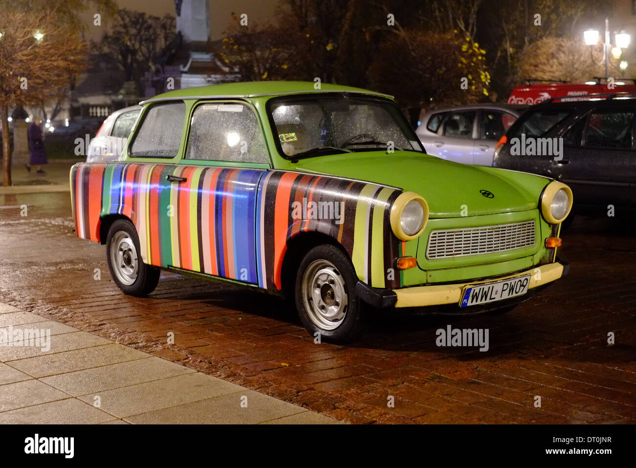 Decorated Trabant car at Krakowskie Przedmiescie street in Warsaw Stock Photo
