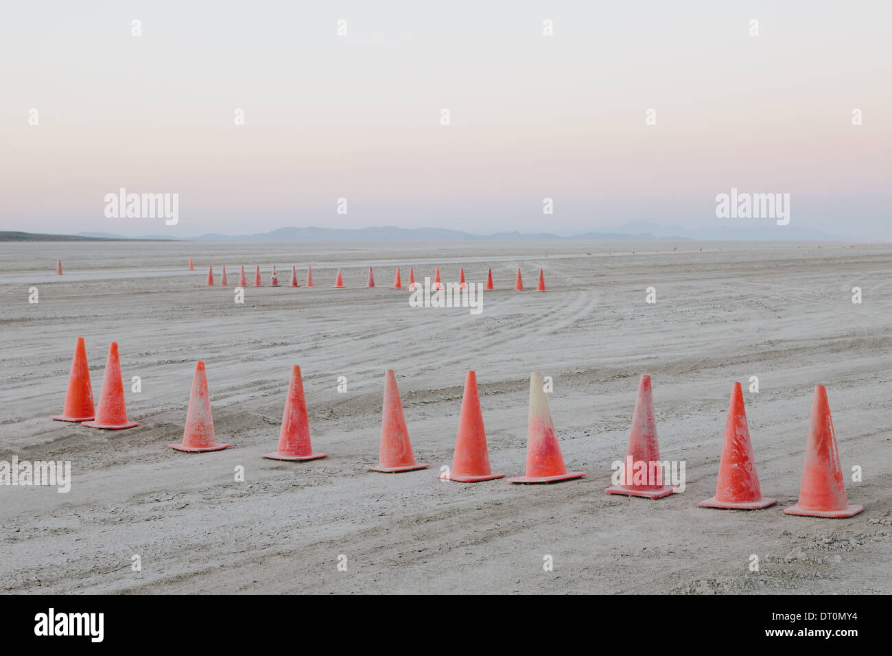 Black Rock Desert Nevada USA Row traffic cones flat desert surface Black Rock Stock Photo