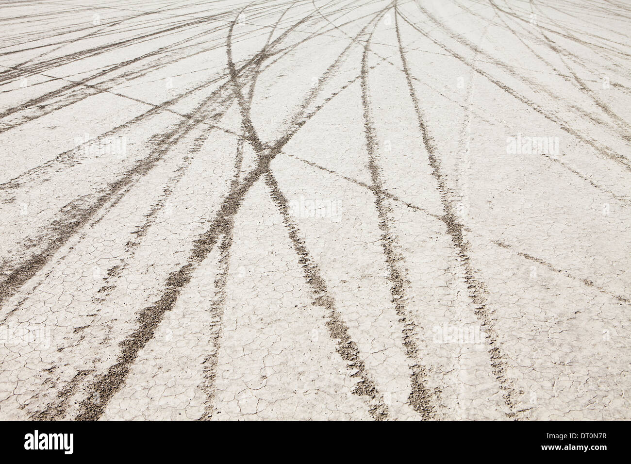 Black Rock Desert Nevada USA Tyre marks tracks in the playa salt pan surface Stock Photo