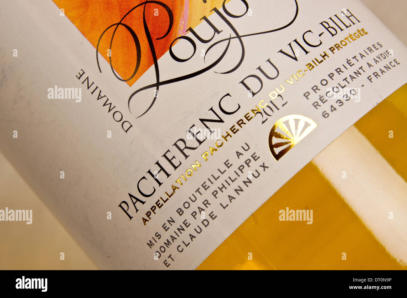 Close-up of a wine label on a bottle of French Pacherenc du Vic-Bilh sweet white wine from Gascony Stock Photo