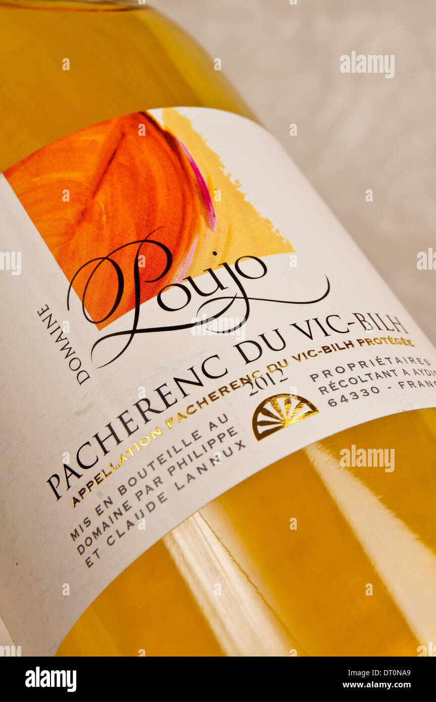 Close-up of a wine label on a bottle of French Pacherenc du Vic-Bilh sweet white wine from Gascony Stock Photo