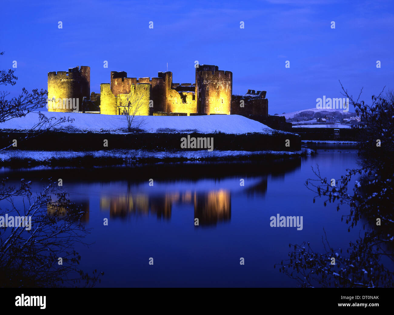 Caerphilly Castle View across moat at night in snow Caerphilly South
