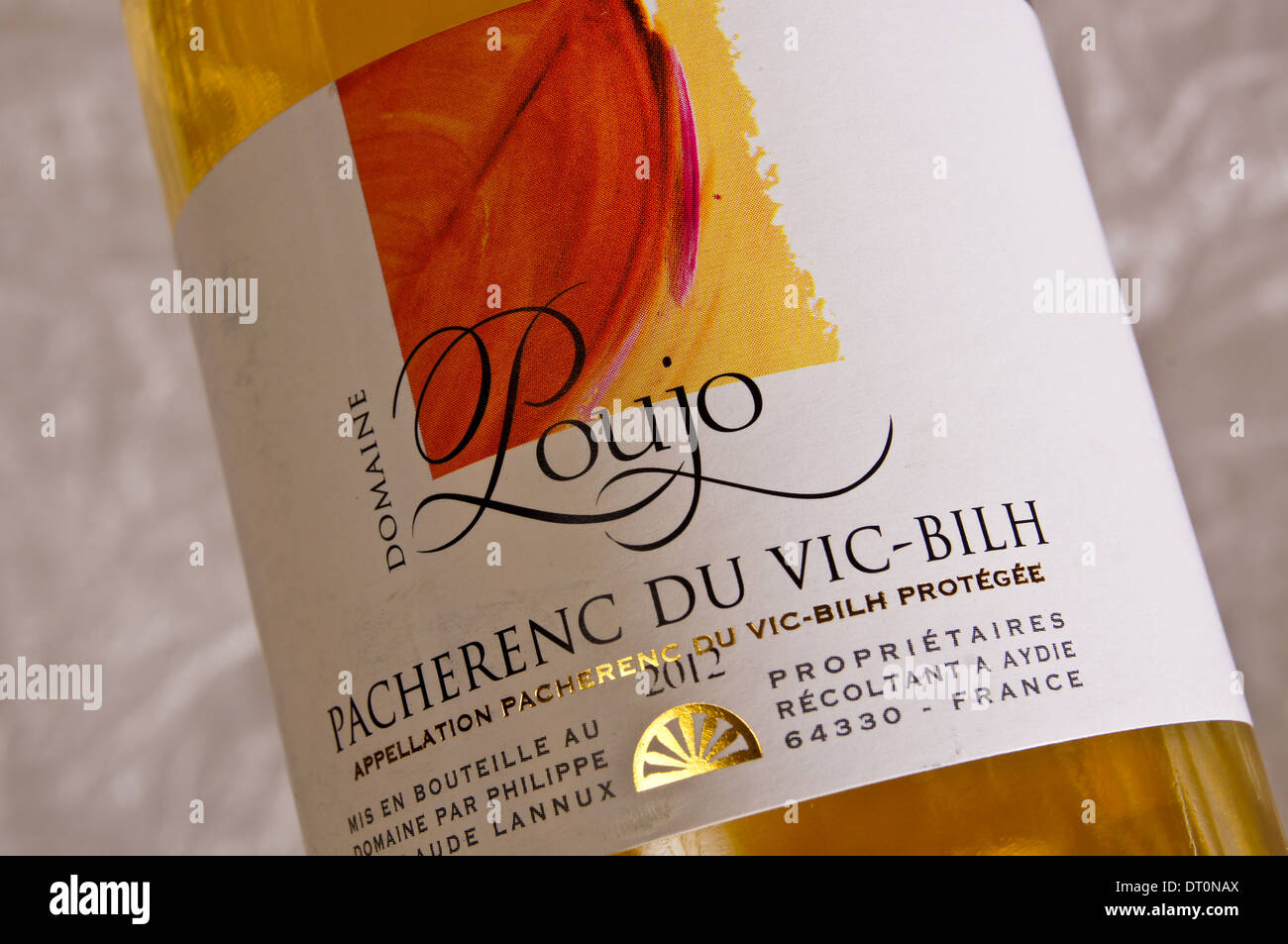 Close-up of a wine label on a bottle of French Pacherenc du Vic-Bilh sweet white wine from Gascony Stock Photo