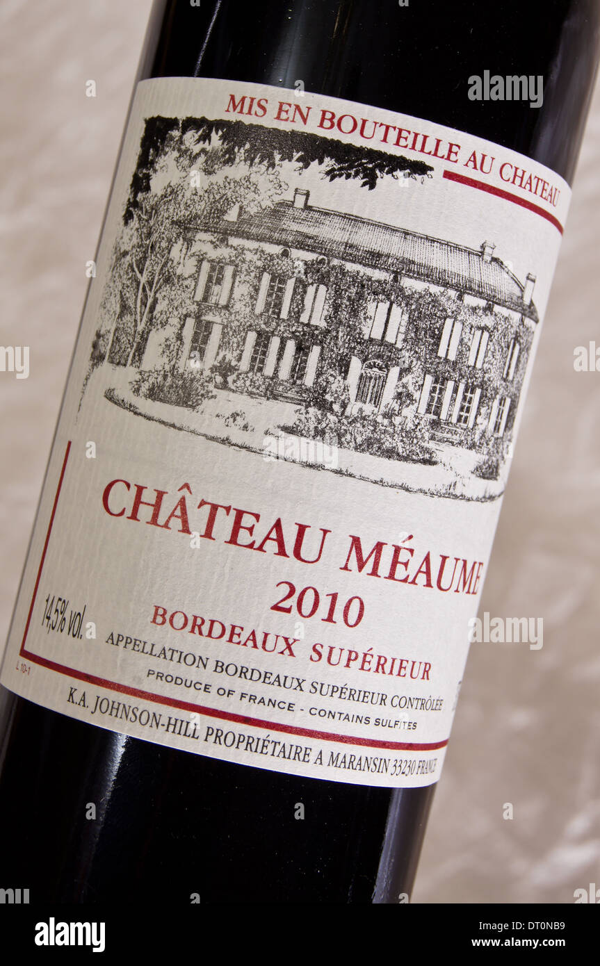 Closeup of a wine label Chateau Meaume, Bordeaux claret, france Stock