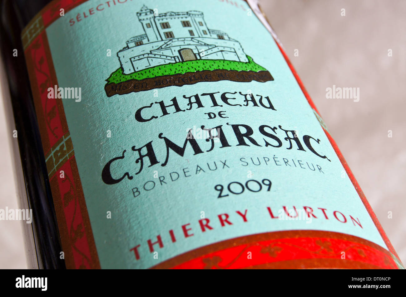 Closeup of a wine label Chateau de Camarsac, Bordeaux claret Stock