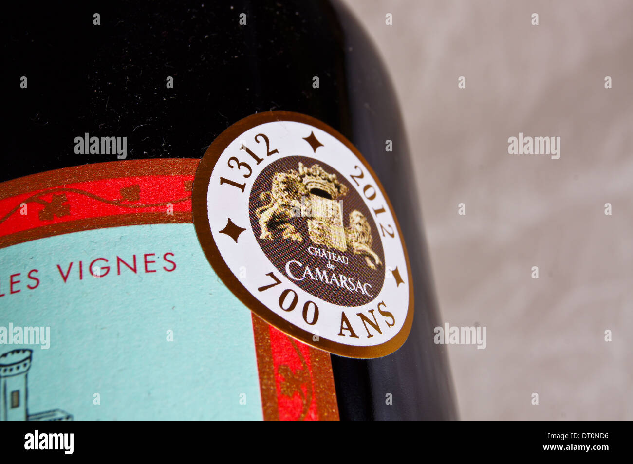Closeup of a wine label Chateau de Camarsac, Bordeaux claret Stock