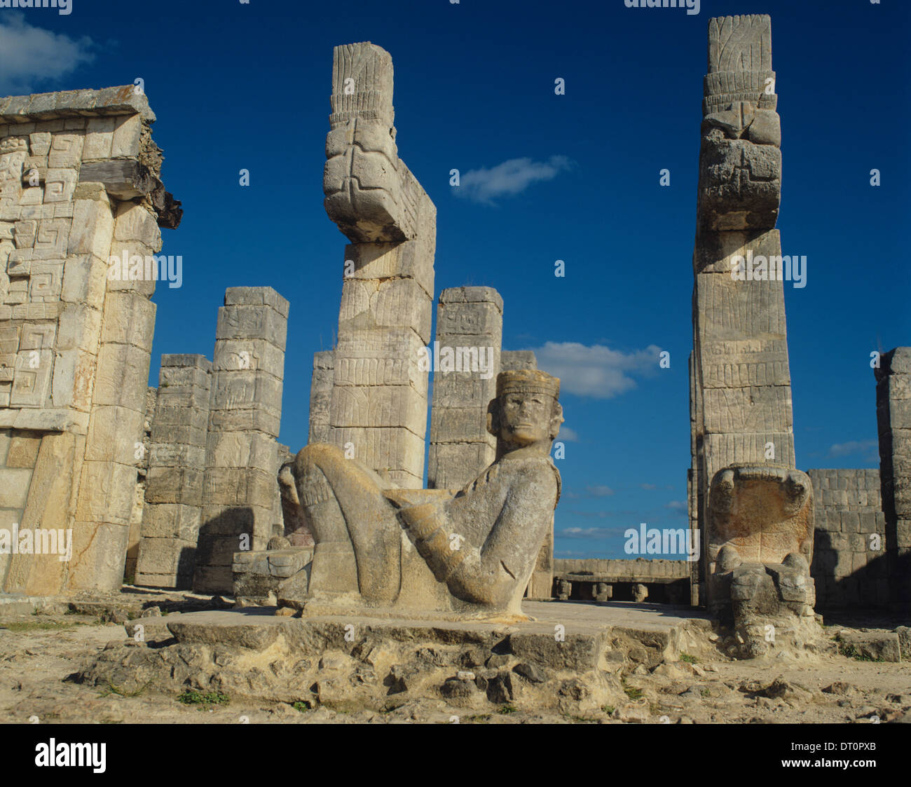 Mexico, Yucatan Peninsula, Statue of Chacmool, a depiction of a warrior offering sacrifices of Mayan people to the rain god. Stock Photo