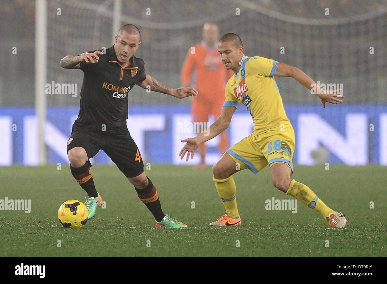 Rome, Italy. 5th Feb, 2014. Rome, Italy - 5th Feb, 2014. Radja Nainggolan and Gokhan Inler in action during. Football / Soccer : Italian TIM Cup match between AS Roma and SSC Napoli at Stadio Olimpico in Rome, Italy. Credit:  Giuseppe Maffia/NurPhoto/ZUMAPRESS.com/Alamy Live News Stock Photo