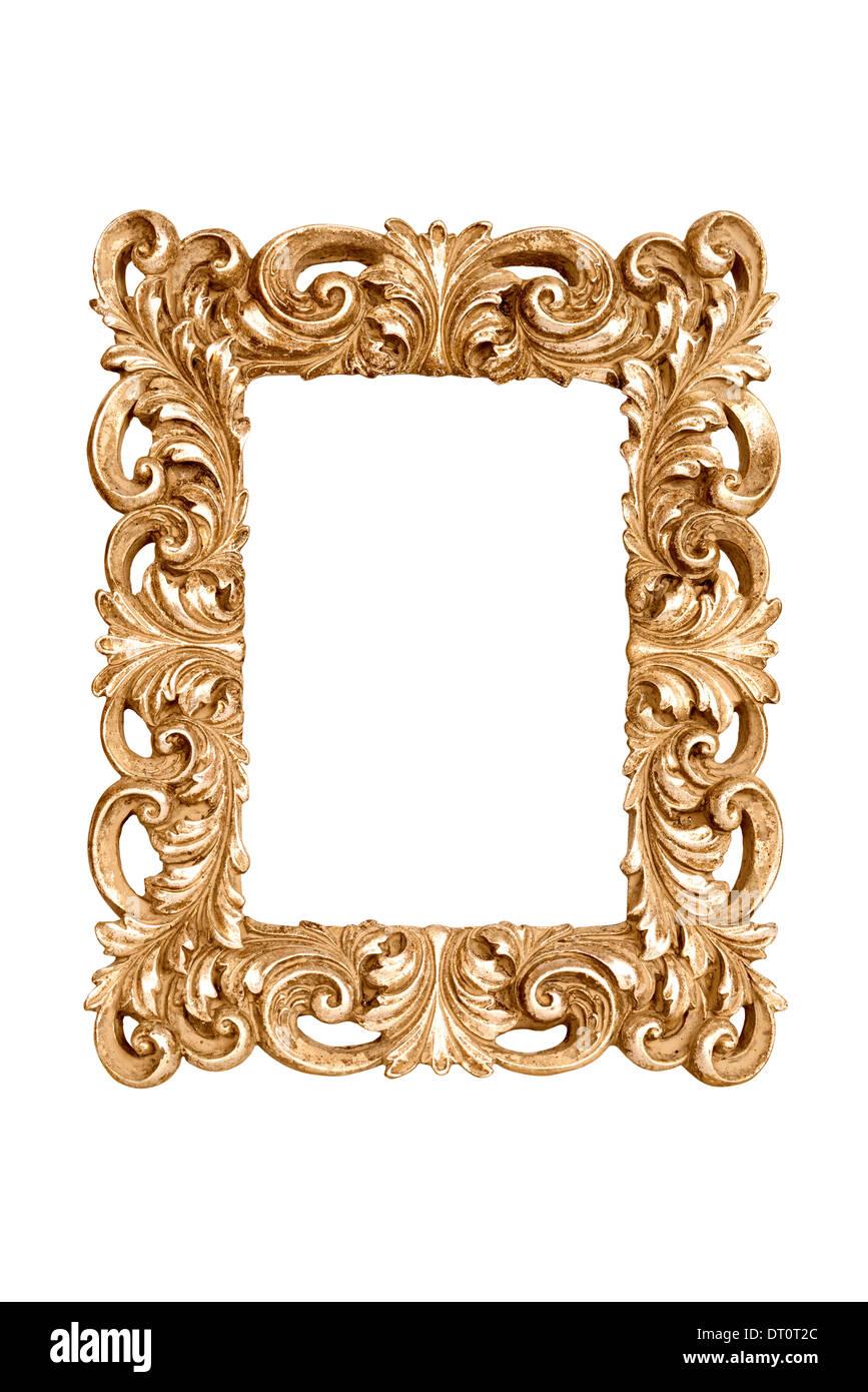 Gold carved picture frame isolated over white with clipping path. Stock Photo