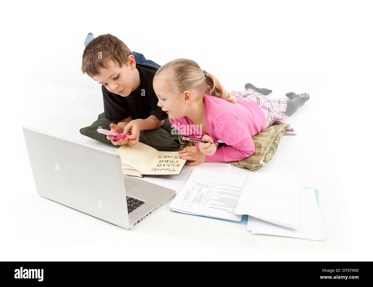 Child Boss and his child Secretary watching the Laptop and call Stock Photo