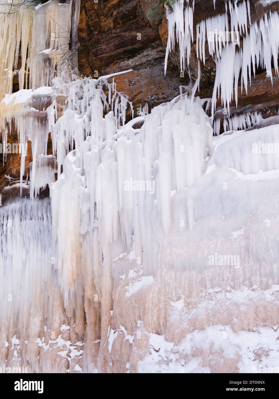 Color photograph, detail, of the Apostle Island Ice Caves, Makwike Bay, near Bayfield, Wisconsin, on a cold February day. Stock Photo