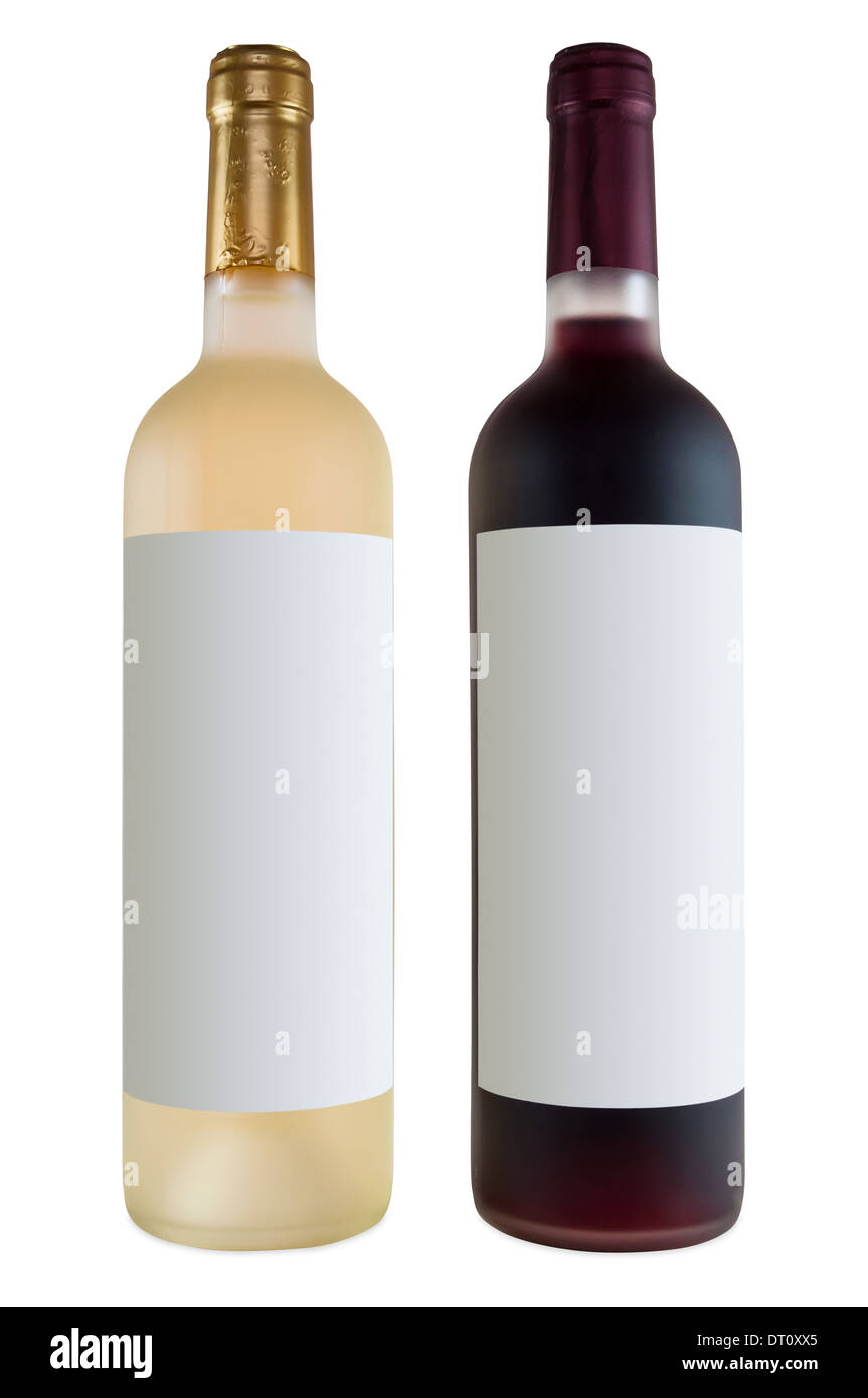Two bottles of wine, red and white with blank label isolated on white background Stock Photo