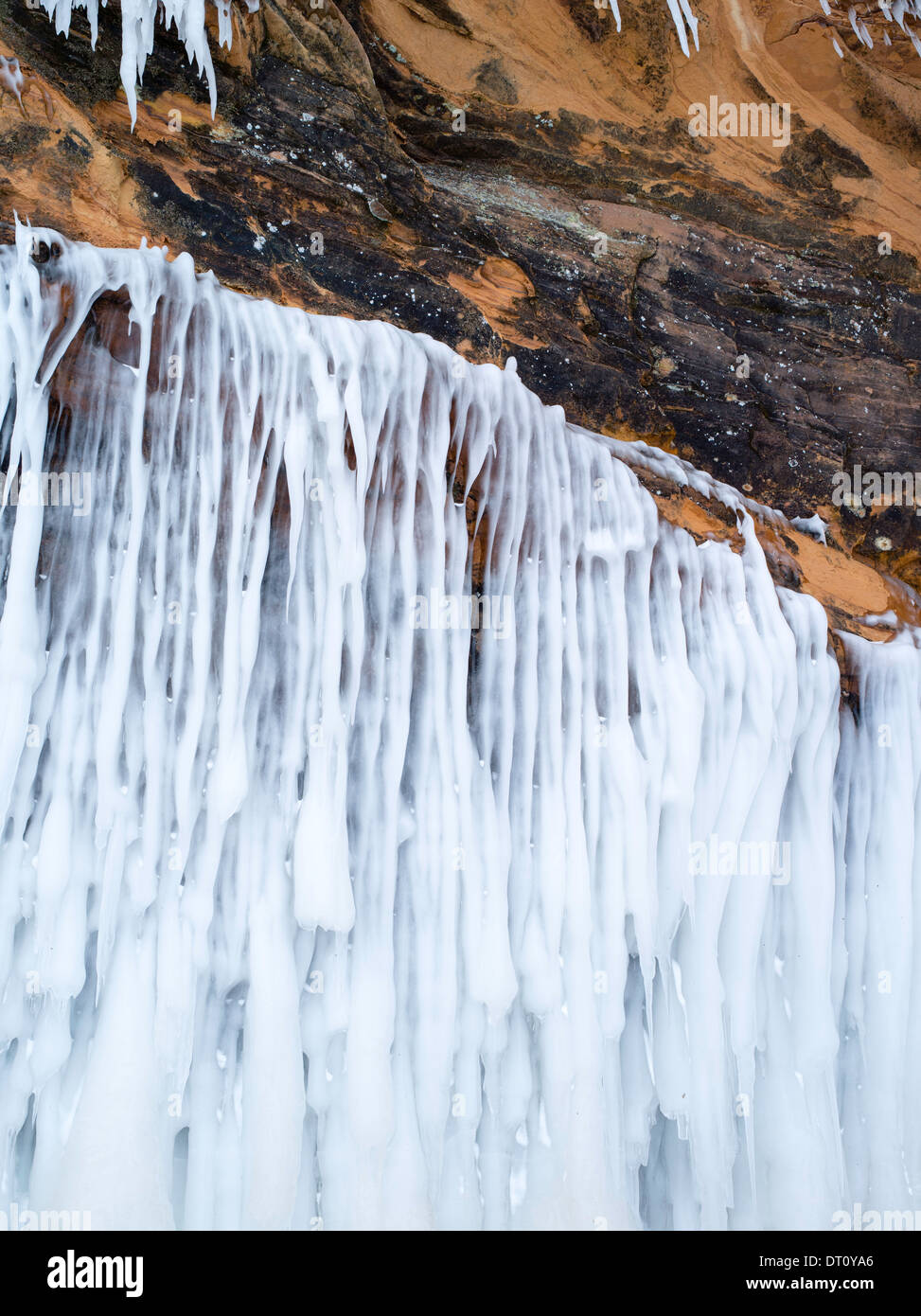 Color photograph, detail, of the Apostle Island Ice Caves, Makwike Bay, near Bayfield, Wisconsin, on a cold February day. Stock Photo