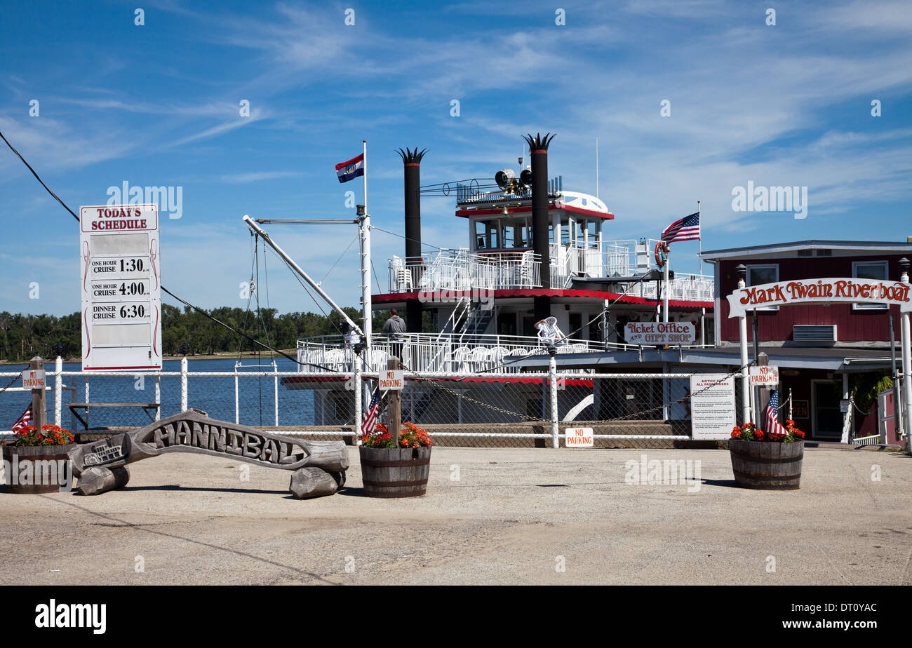 The Mark Twain riverboat, anchored at the Hannibal waterfront, takes tourists on three trips a day on the Mississippi River. Stock Photo