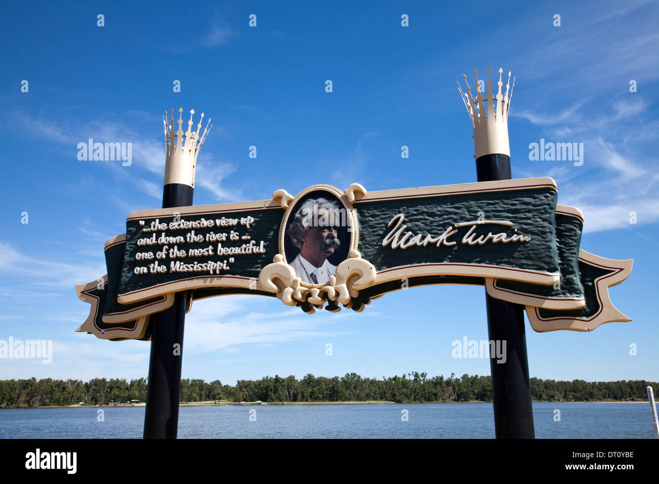 Mark Twain signboard at the edge of the Mississippi River, Hannibal, Missouri. Stock Photo