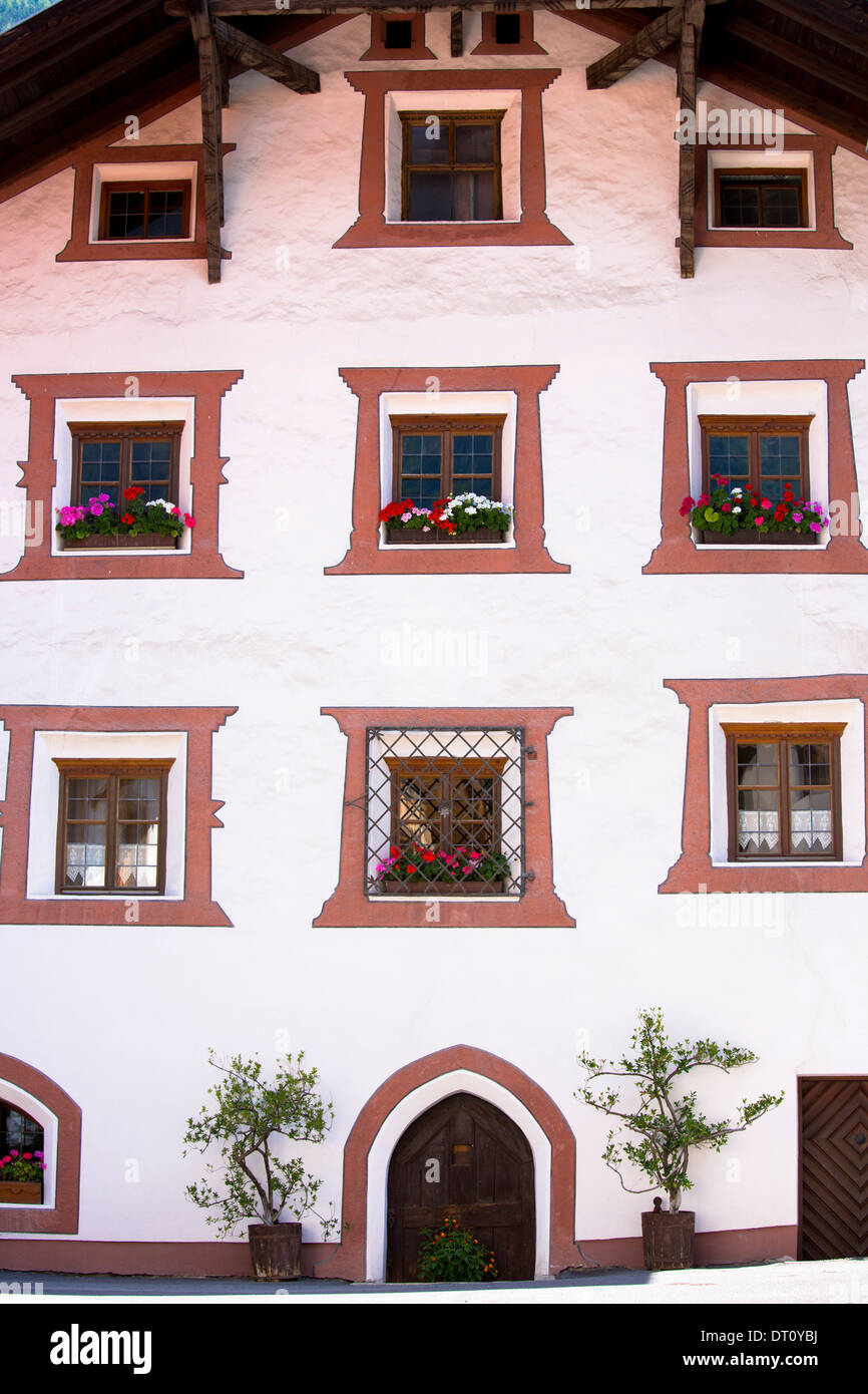 Window detail of traditional old 18th Century Tyrolean house in the town of Oetz in the Tyrol, Austria Stock Photo