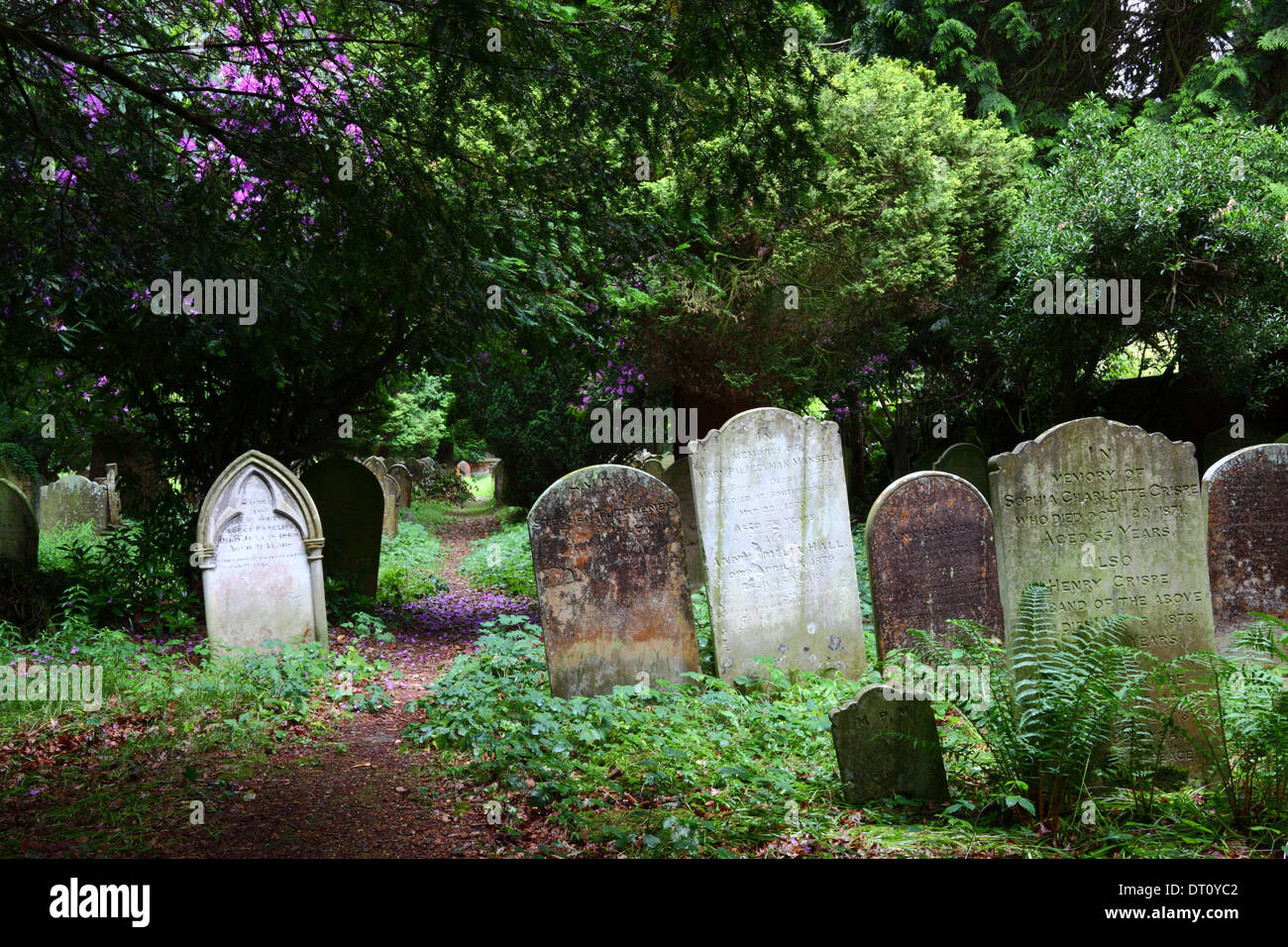 Path through graves in churchyard of St Peters church , Southborough Common, near Tunbridge Wells , Kent , England Stock Photo