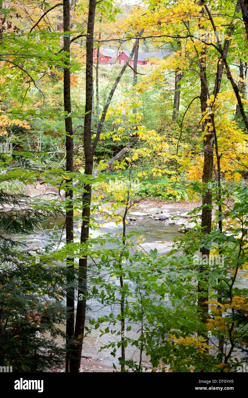 Rural early autumn on the North Branch of the Lamoille River, along SH 109 south of Belvidere, Vermont. Stock Photo