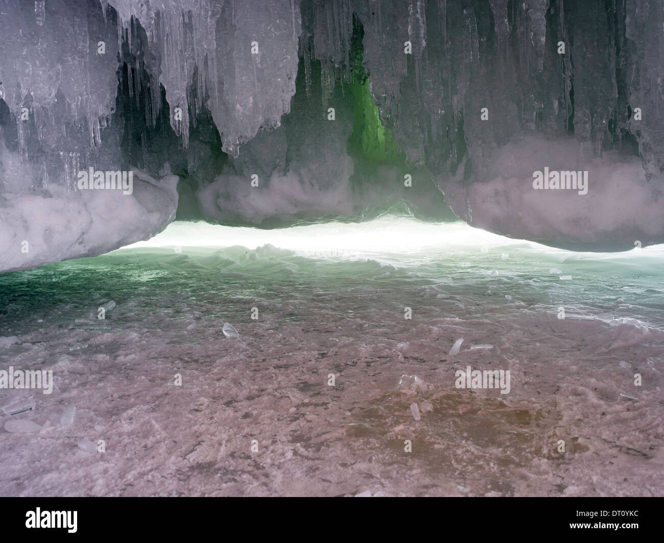 Color photograph, detail, of the Apostle Island Ice Caves, Makwike Bay, near Bayfield, Wisconsin, on a cold February day. Stock Photo