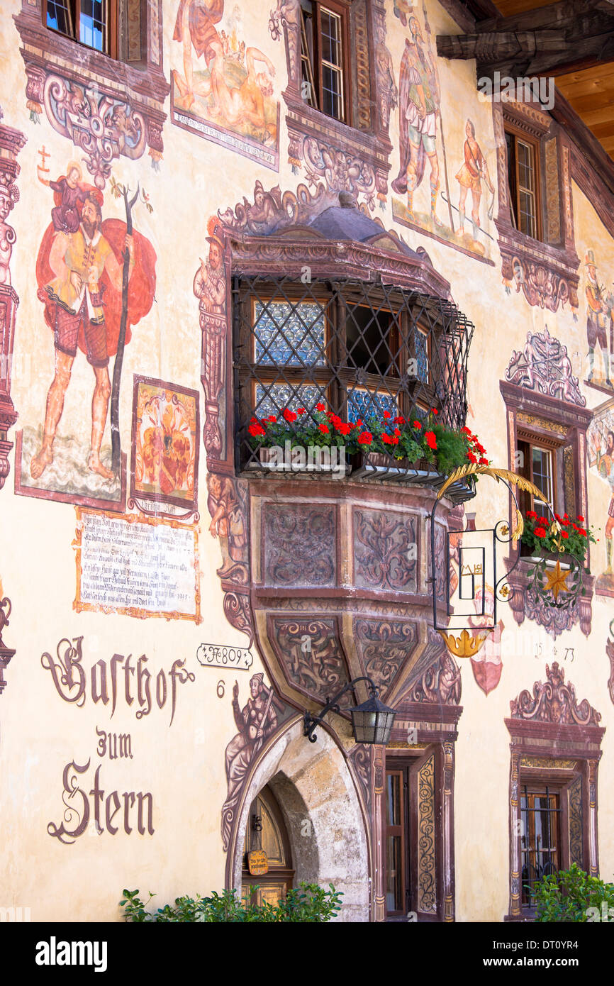 Gasthof Stern 16th Century hotel in Kirchweg, built 1573, in the old part of the town of Oetz in the Tyrol, Austria Stock Photo