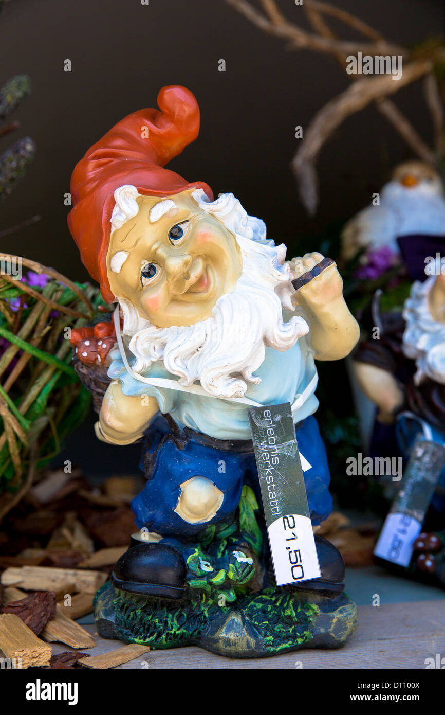Interiors, gift and souvenir shop - Erlebnis Merksattl - selling garden gnomes in the town of Oetz in the Tyrol, Austria Stock Photo