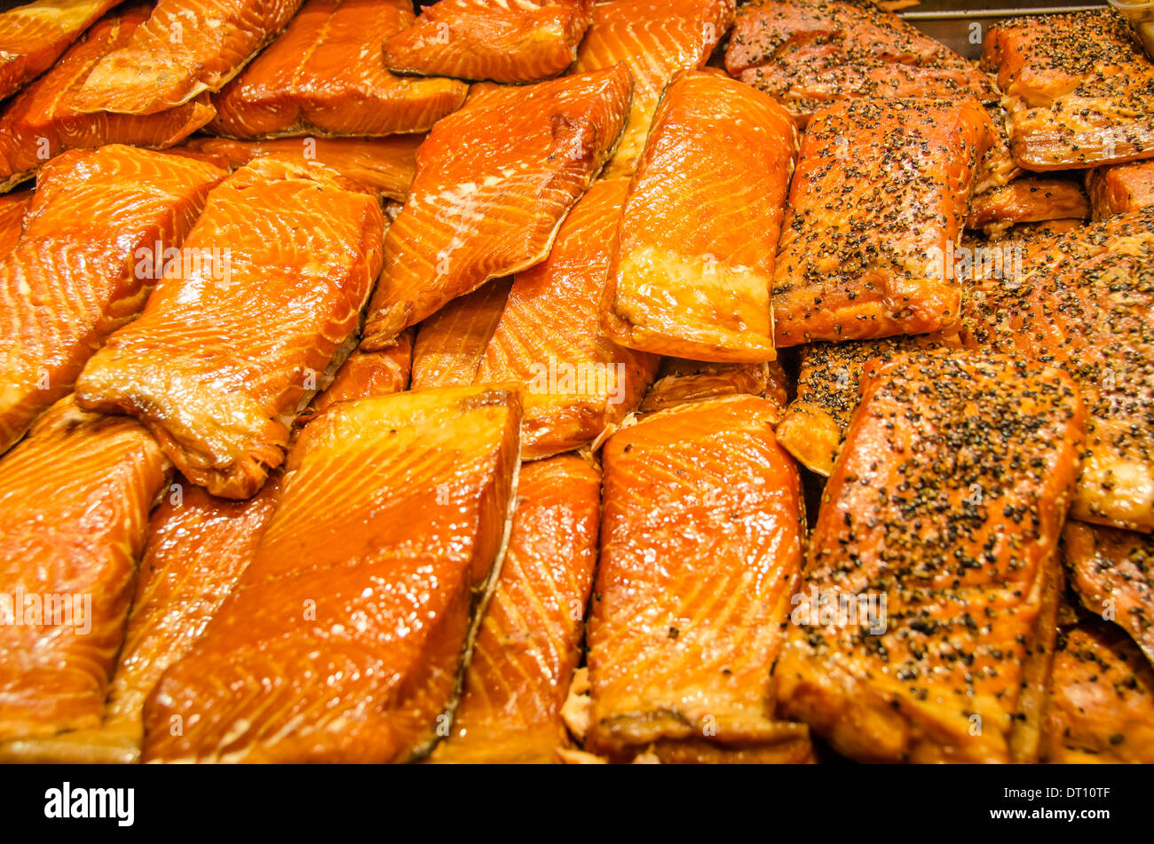 Smoked salmon for sale at a fish market Stock Photo Alamy